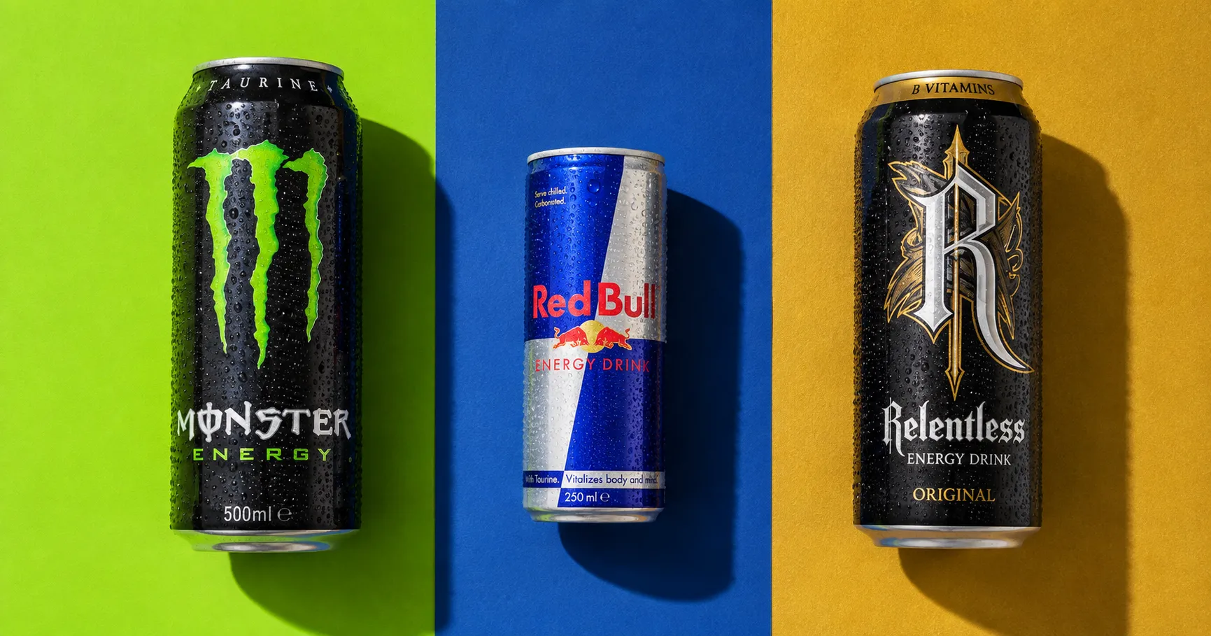 Monster Energy, Red Bull and Relentless energy drink cans compared side by side